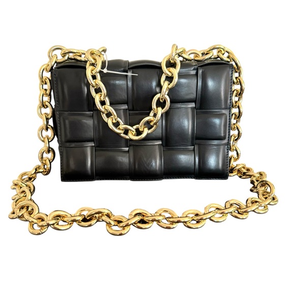 Jayley Collection Black Padded Woven Shoulder Bag Chain Strap Crossbody Handbag - Picture 1 of 17
